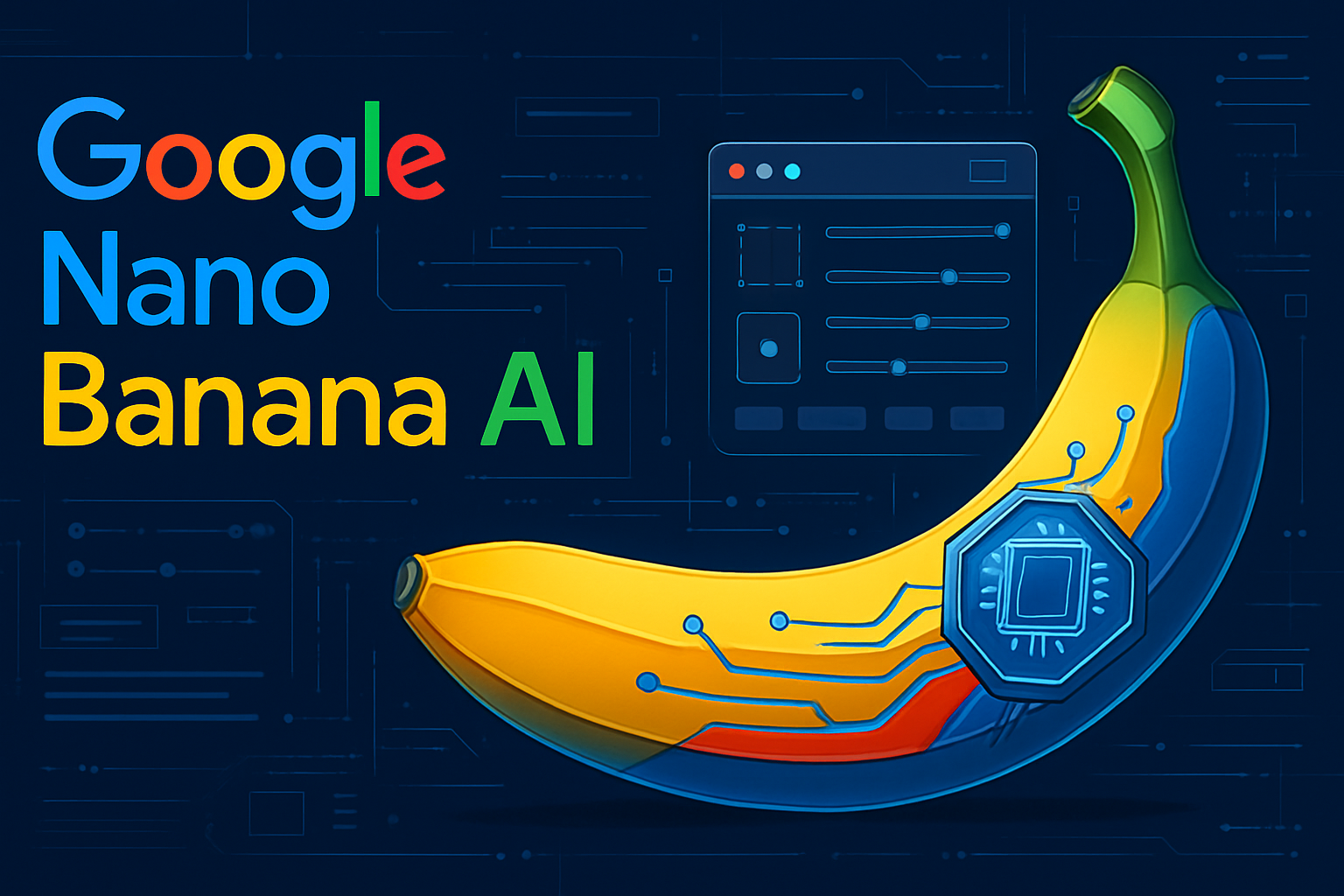 A digital illustration features the keywords "Google Nano Banana AI" in bright, colorful letters, alongside a futuristic banana embedded with electronic circuits and a microchip, set against a technology-themed background with circuit diagrams.